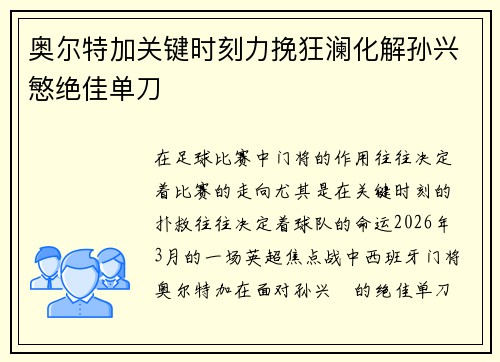 奥尔特加关键时刻力挽狂澜化解孙兴慜绝佳单刀