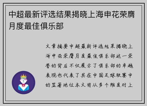 中超最新评选结果揭晓上海申花荣膺月度最佳俱乐部